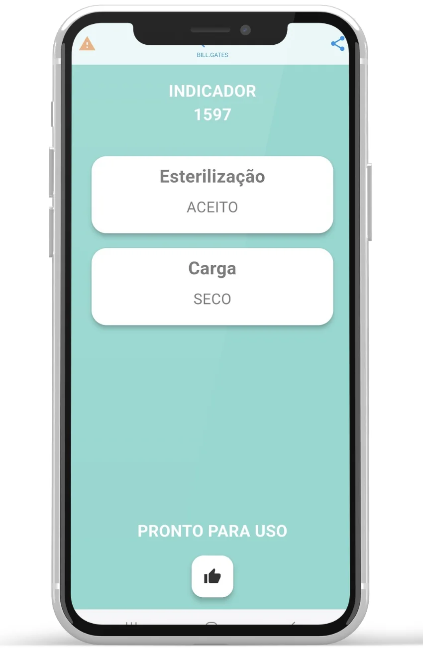 Aplicativo Xterilis exibindo Esterilização: ACEITO e Carga: SECO