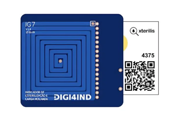 Indicador eletrônico Xterilis com placa, antena NFC e etiqueta QR Code